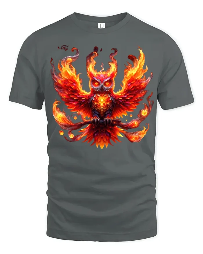 Blazing Owl T-Shirt Fiery Bird Graphic Tee for Fantasy Art Lovers in US - gray t-shirt on white background