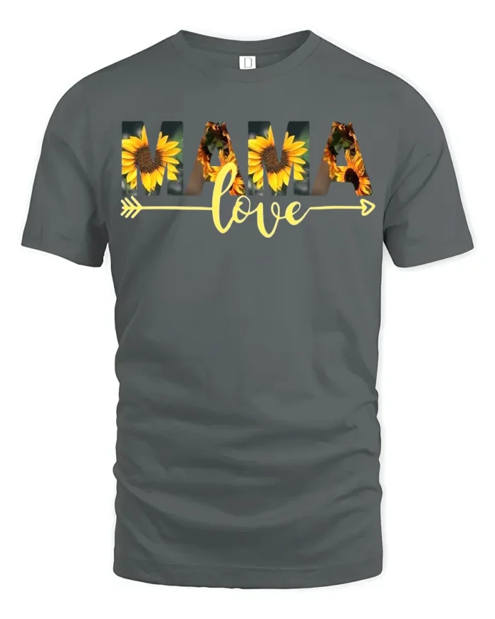 MAMA Love T-Shirt with Sunflower Print Soft Cotton Graphic Tee for Moms - gray t-shirt on white background