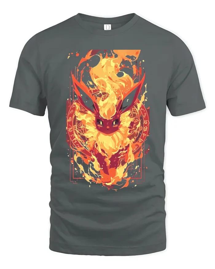 Fiery Flareon T-Shirt Intense Fire Pokemon Graphic Tee for US Fans - gray t-shirt on white background