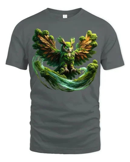 Mystic Forest Owl T-Shirt Fantasy Nature Graphic Tee with Earthy Vibes - gray t-shirt on white background