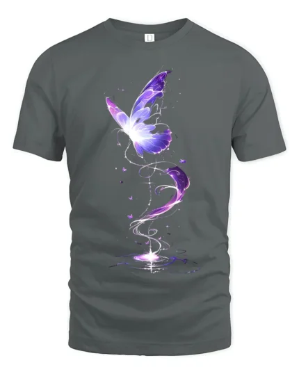 Mystical Purple Butterfly T-Shirt Fantasy Glow Design on Soft Cotton Tee - gray t-shirt on white background
