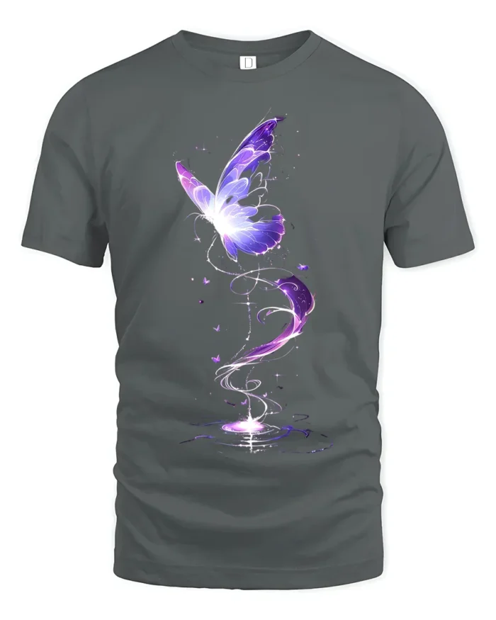 Mystical Purple Butterfly T-Shirt Fantasy Glow Design on Soft Cotton Tee - gray t-shirt on white background