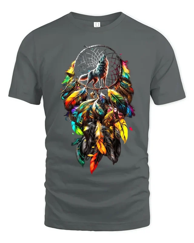 Colorful Feather Wolf T-Shirt Tribal Dreamcatcher Animal Spirit Design Tee - gray t-shirt on white background