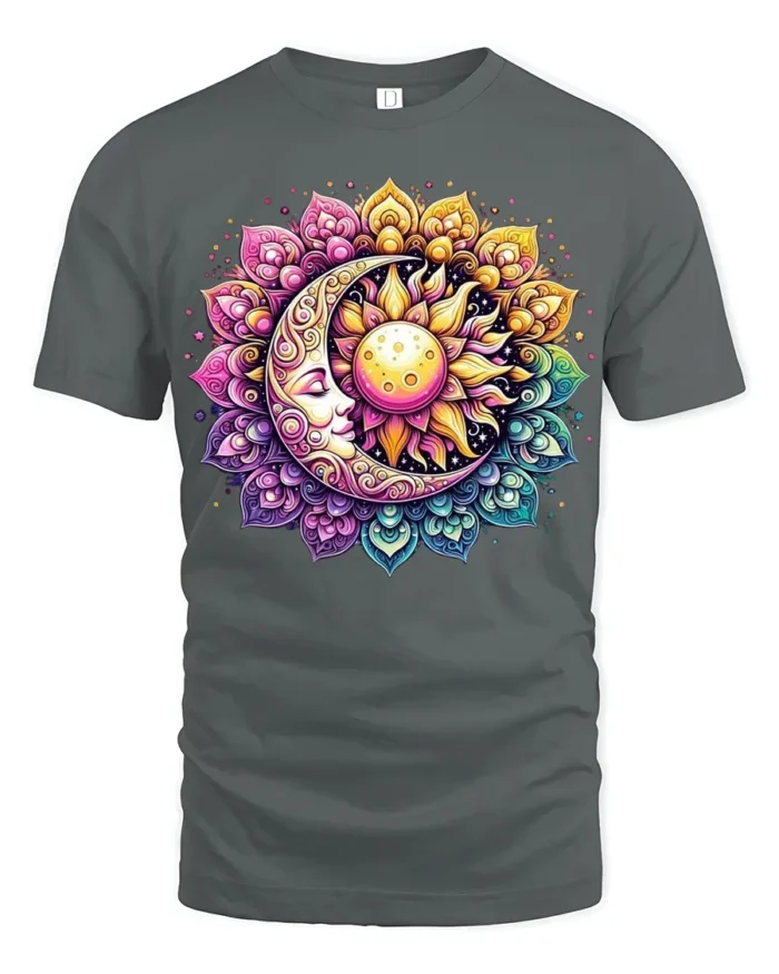 Celestial Sun and Moon T-Shirt Mandala Print Spiritual Boho Graphic Tee - gray t-shirt on white background