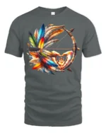 Tribal Bow and Feather T-Shirt Native-Inspired Art Tee with Hand Symbol - gray t-shirt on white background