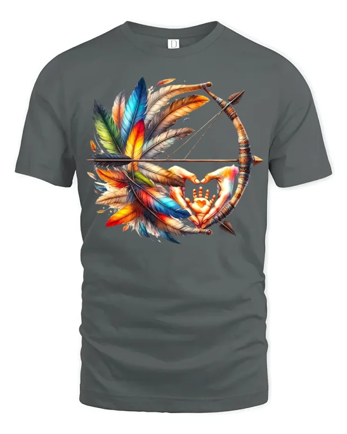 Tribal Bow and Feather T-Shirt Native-Inspired Art Tee with Hand Symbol - gray t-shirt on white background