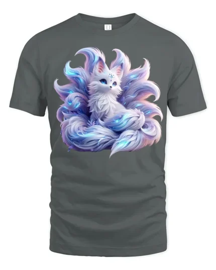 Mystic Nine-Tailed Fox T-Shirt Fantasy Spirit Animal Tee for Fox Lovers - gray t-shirt on white background