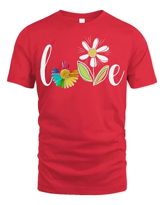 Rainbow Flower Love T-Shirt Soft Cotton Inspirational Graphic Tee - red t-shirt on white background