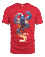 Mystic Flame Fox T-Shirt Elemental Spirit Animal Graphic Tee for Fantasy Fans - red t-shirt on white background