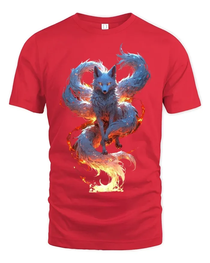 Mystic Flame Fox T-Shirt Elemental Spirit Animal Graphic Tee for Fantasy Fans - red t-shirt on white background