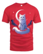 Moon Cat Starlight Whimsical Kitten Moon Stars T-Shirt for Cat Lovers - red t-shirt on white background