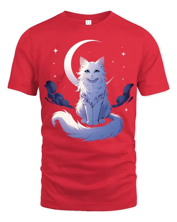 Moon Cat Starlight Whimsical Kitten Moon Stars T-Shirt for Cat Lovers - red t-shirt on white background