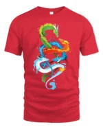 Chromatic Dragon Alliance Vibrant Elemental Dragons T-Shirt for Fantasy Fans - red t-shirt on white background