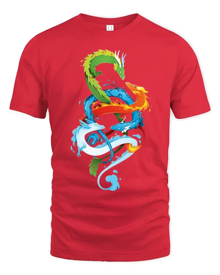 Chromatic Dragon Alliance Vibrant Elemental Dragons T-Shirt for Fantasy Fans - red t-shirt on white background