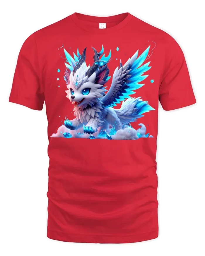 Frost Winged Wolf Tee Cute Icy Creature T-Shirt for Fantasy Lovers - red t-shirt on white background