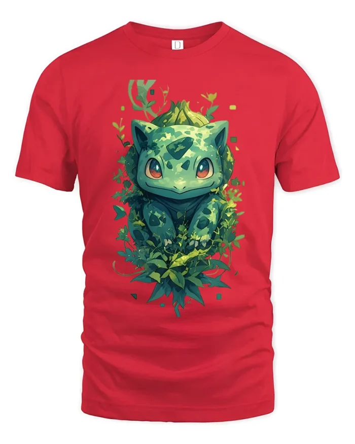 Nature Bulbasaur T-Shirt Cute Pokemon Creature Graphic Tee for US Fans - red t-shirt on white background