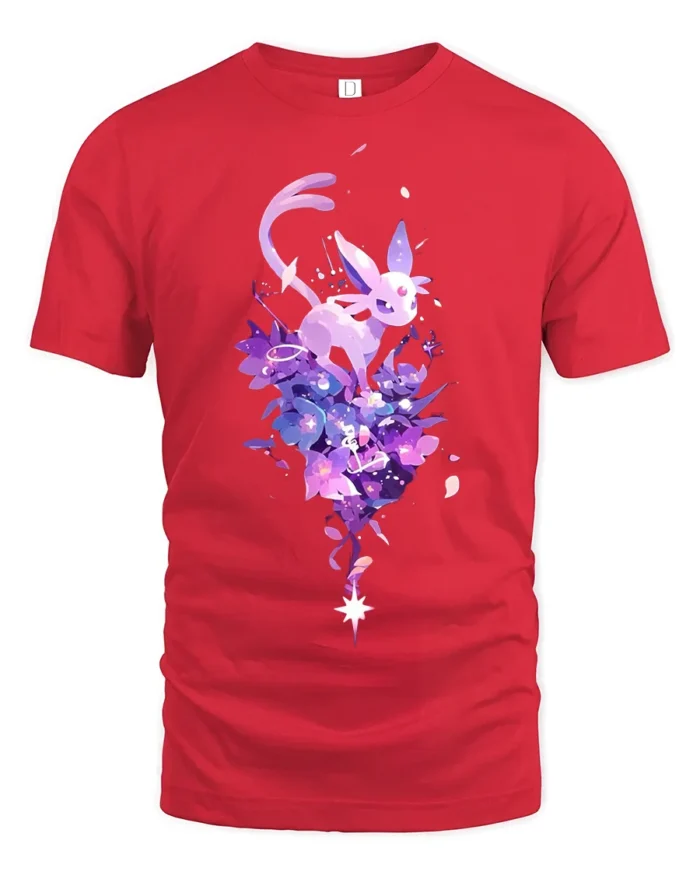 Starry Sylveon Tee Cute Fairy Type Pokemon with Flowers T-Shirt for Trainers - red t-shirt on white background