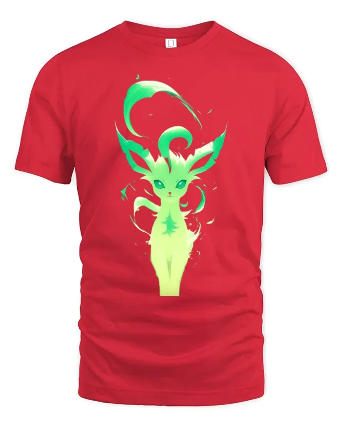 Green Aura Leafeon Tee Glowing Grass Type Pokemon T-Shirt for Trainers - red t-shirt on white background