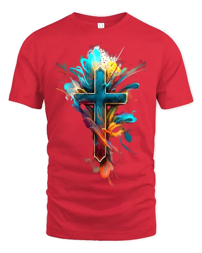 Vibrant Faith Cross Tee Abstract Christian Symbol T-Shirt for Believers - red t-shirt on white background