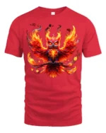 Blazing Owl T-Shirt Fiery Bird Graphic Tee for Fantasy Art Lovers in US - red t-shirt on white background