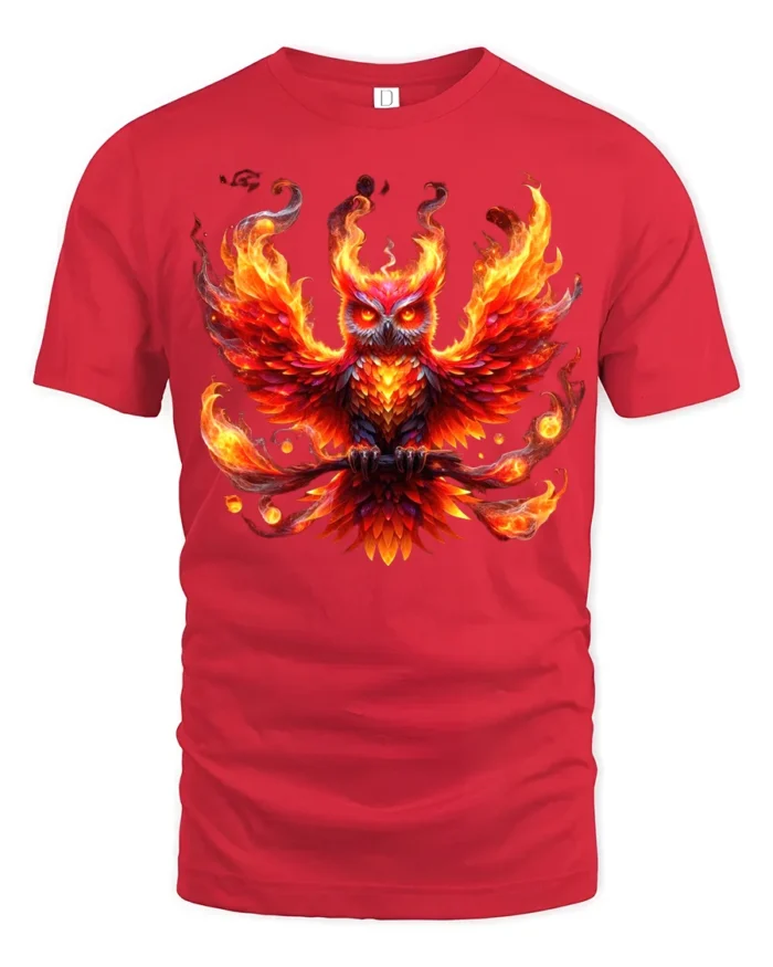 Blazing Owl T-Shirt Fiery Bird Graphic Tee for Fantasy Art Lovers in US - red t-shirt on white background