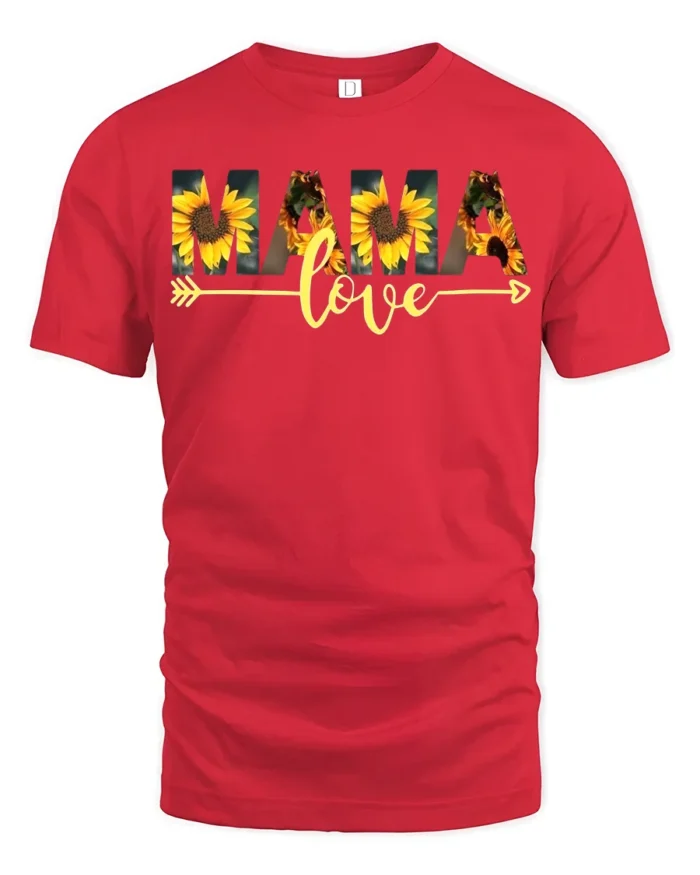 MAMA Love T-Shirt with Sunflower Print Soft Cotton Graphic Tee for Moms - red t-shirt on white background