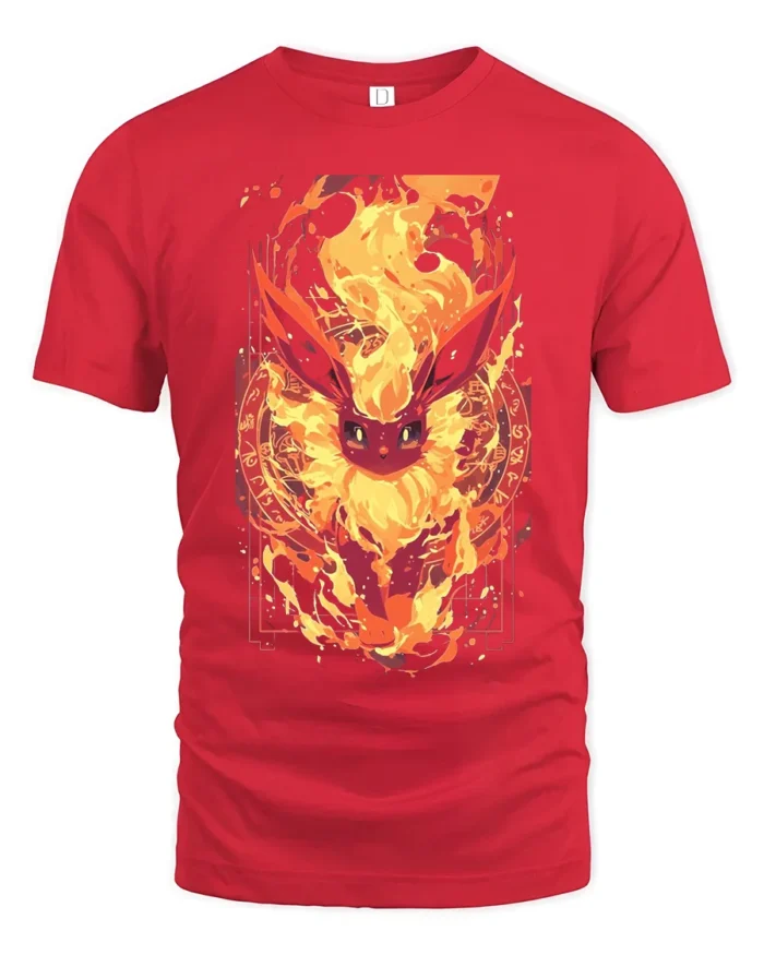 Fiery Flareon T-Shirt Intense Fire Pokemon Graphic Tee for US Fans - red t-shirt on white background