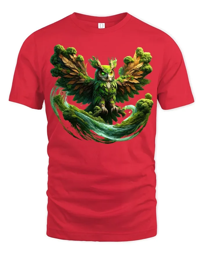 Mystic Forest Owl T-Shirt Fantasy Nature Graphic Tee with Earthy Vibes - red t-shirt on white background