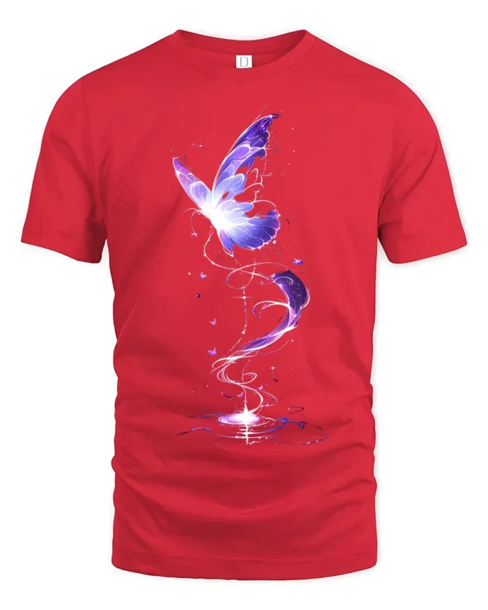 Mystical Purple Butterfly T-Shirt Fantasy Glow Design on Soft Cotton Tee - red t-shirt on white background