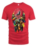 Colorful Feather Wolf T-Shirt Tribal Dreamcatcher Animal Spirit Design Tee - red t-shirt on white background