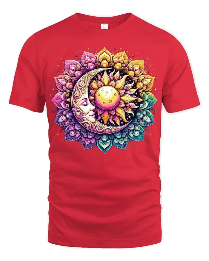 Celestial Sun and Moon T-Shirt Mandala Print Spiritual Boho Graphic Tee - red t-shirt on white background