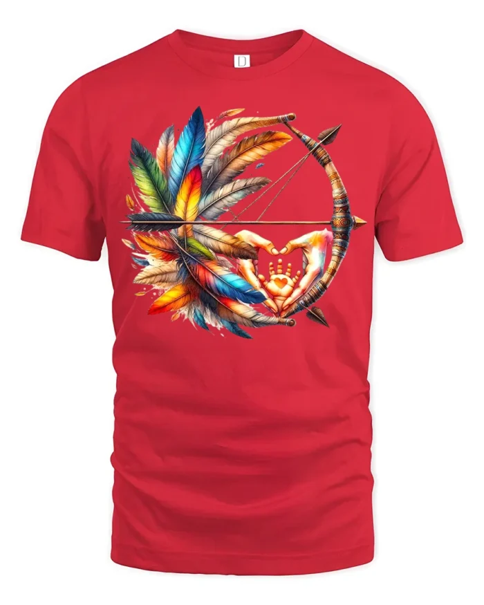 Tribal Bow and Feather T-Shirt Native-Inspired Art Tee with Hand Symbol - red t-shirt on white background