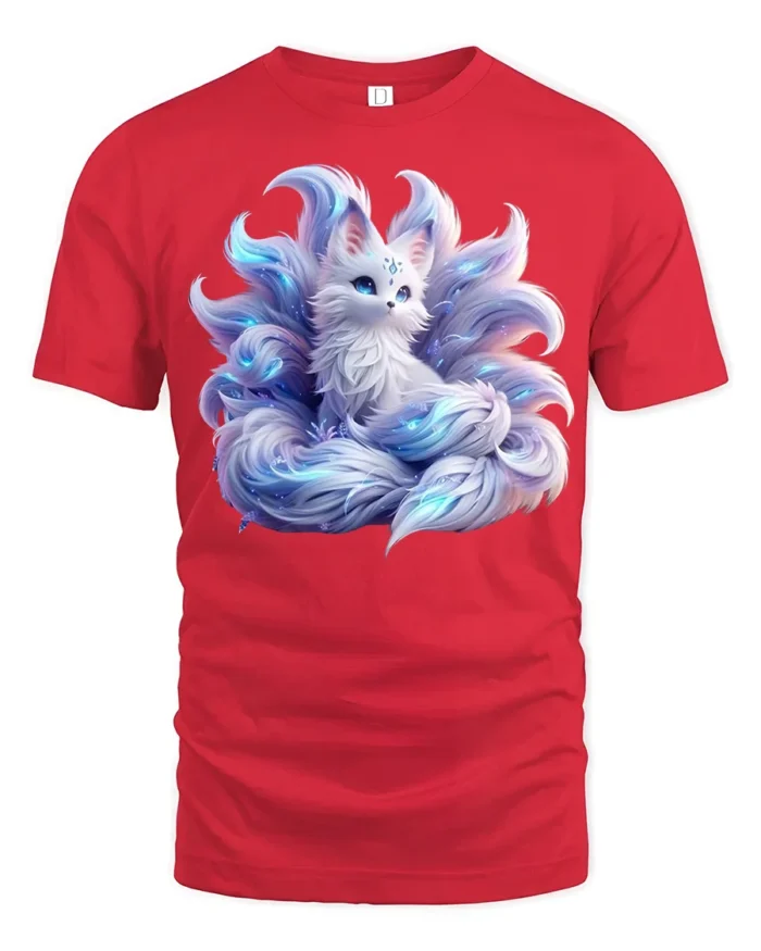Mystic Nine-Tailed Fox T-Shirt Fantasy Spirit Animal Tee for Fox Lovers - red t-shirt on white background