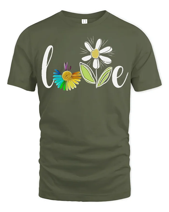 Rainbow Flower Love T-Shirt Soft Cotton Inspirational Graphic Tee - military green t-shirt on white background