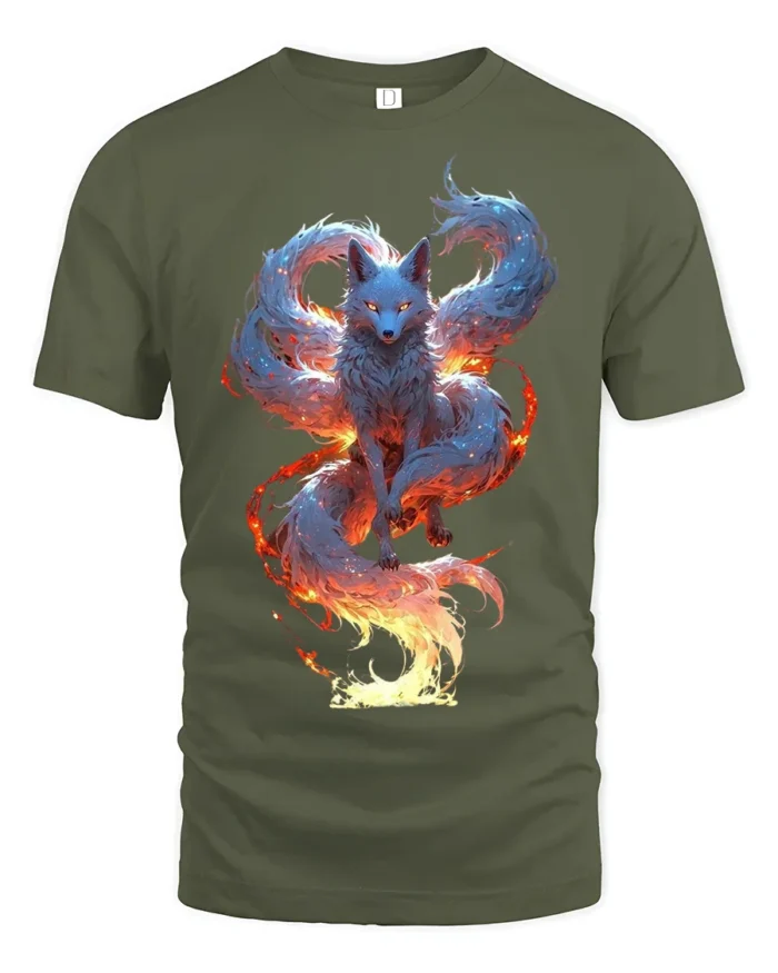 Mystic Flame Fox T-Shirt Elemental Spirit Animal Graphic Tee for Fantasy Fans - military green t-shirt on white background