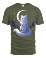 Moon Cat Starlight Whimsical Kitten Moon Stars T-Shirt for Cat Lovers - military green t-shirt on white background
