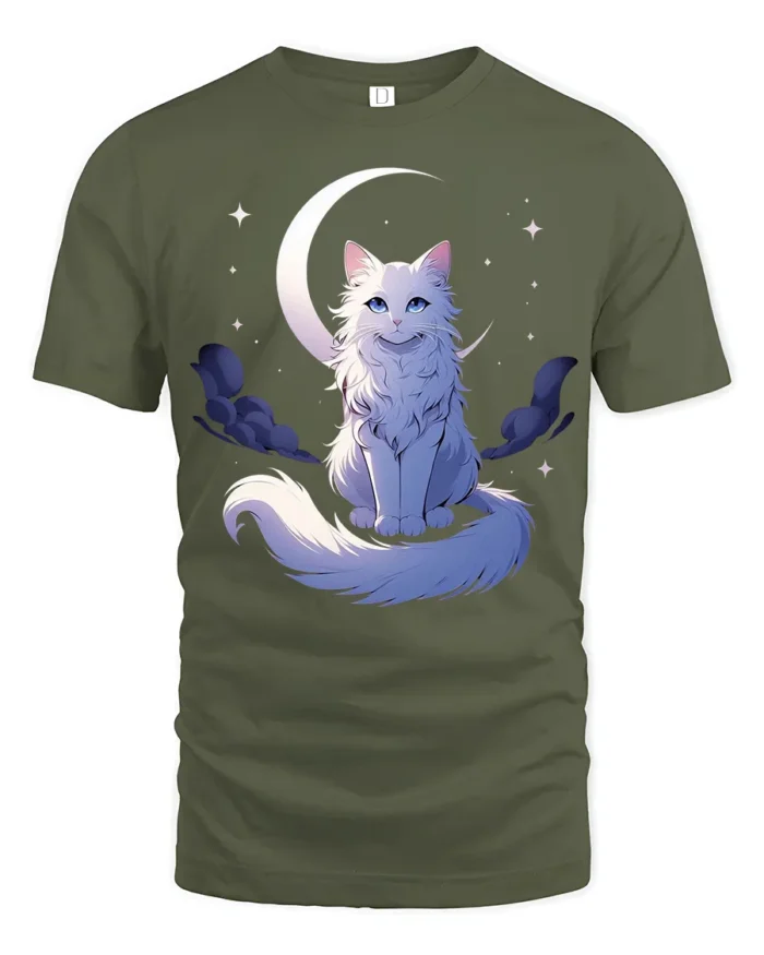 Moon Cat Starlight Whimsical Kitten Moon Stars T-Shirt for Cat Lovers - military green t-shirt on white background