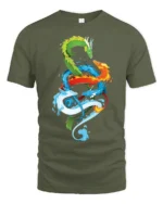 Chromatic Dragon Alliance Vibrant Elemental Dragons T-Shirt for Fantasy Fans - military green t-shirt on white background