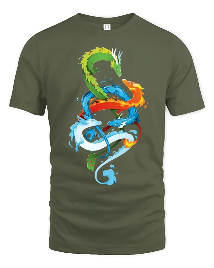 Chromatic Dragon Alliance Vibrant Elemental Dragons T-Shirt for Fantasy Fans - military green t-shirt on white background