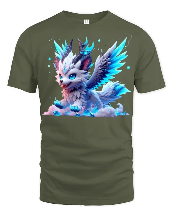 Frost Winged Wolf Tee Cute Icy Creature T-Shirt for Fantasy Lovers - military green t-shirt on white background