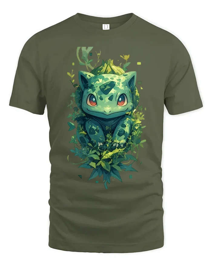 Nature Bulbasaur T-Shirt Cute Pokemon Creature Graphic Tee for US Fans - military green t-shirt on white background