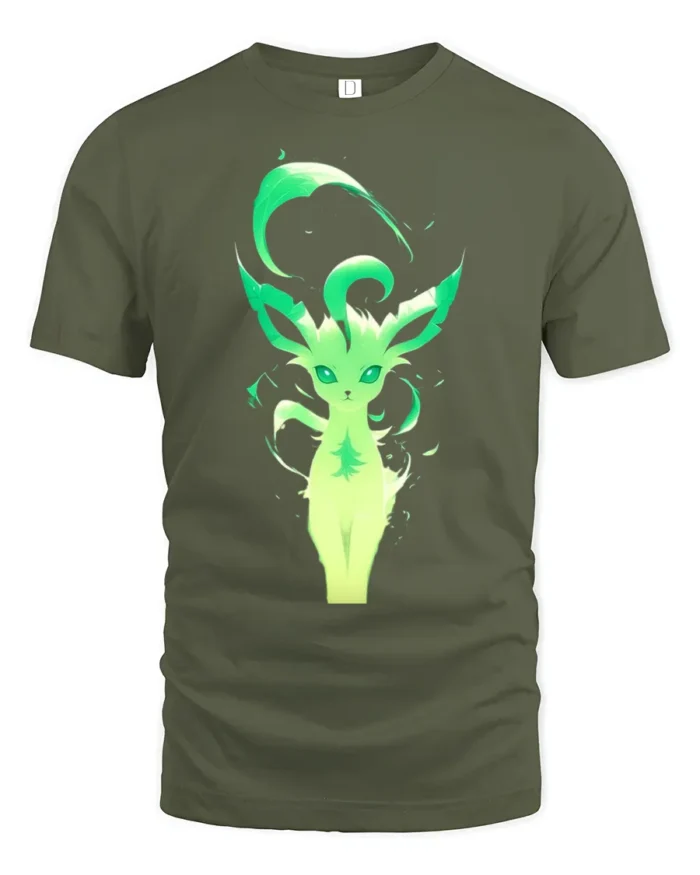 Green Aura Leafeon Tee Glowing Grass Type Pokemon T-Shirt for Trainers - military green t-shirt on white background
