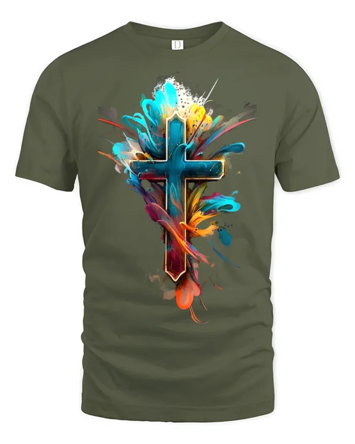 Vibrant Faith Cross Tee Abstract Christian Symbol T-Shirt for Believers - military green t-shirt on white background
