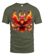 Blazing Owl T-Shirt Fiery Bird Graphic Tee for Fantasy Art Lovers in US - military green t-shirt on white background