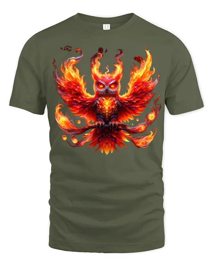 Blazing Owl T-Shirt Fiery Bird Graphic Tee for Fantasy Art Lovers in US - military green t-shirt on white background