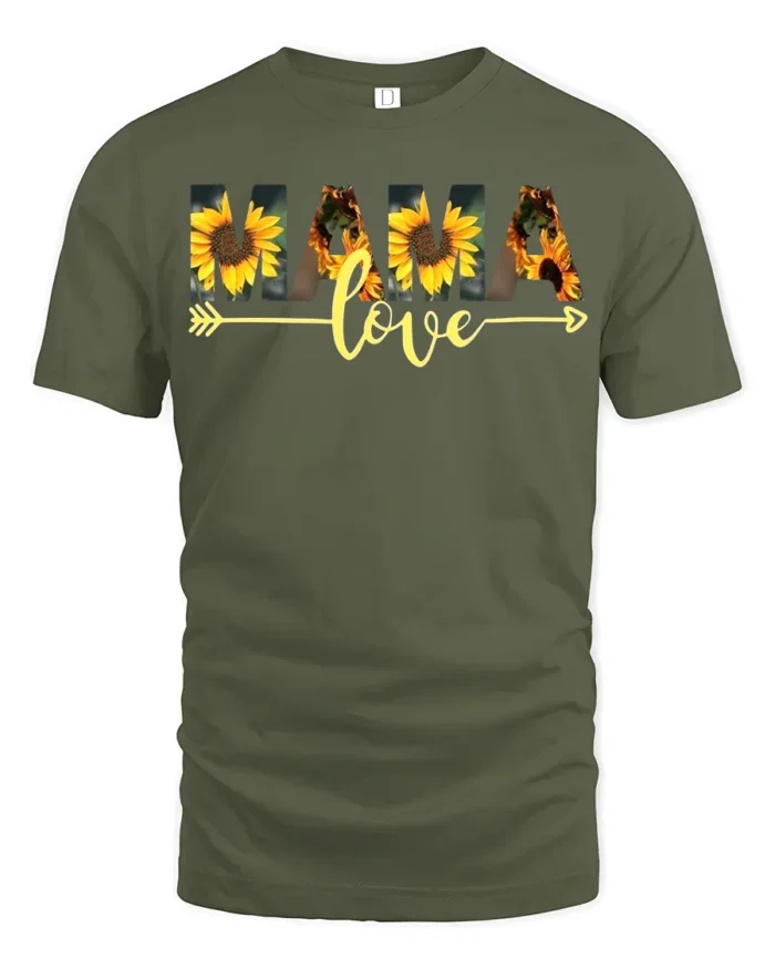 MAMA Love T-Shirt with Sunflower Print Soft Cotton Graphic Tee for Moms - military green t-shirt on white background