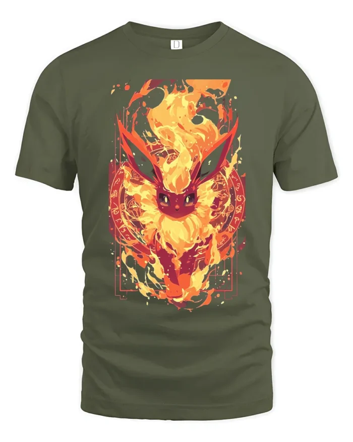 Fiery Flareon T-Shirt Intense Fire Pokemon Graphic Tee for US Fans - military green t-shirt on white background