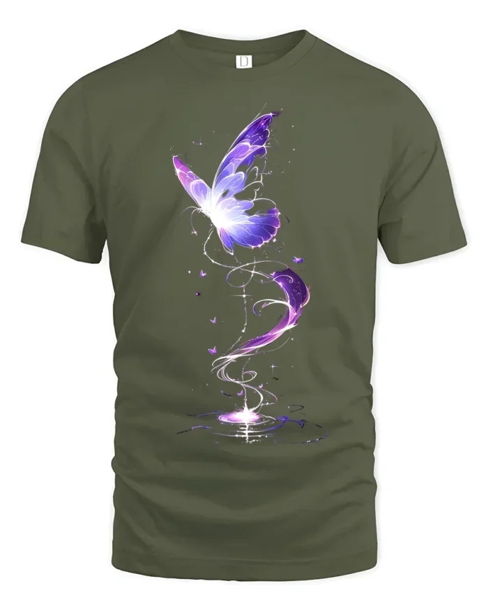 Mystical Purple Butterfly T-Shirt Fantasy Glow Design on Soft Cotton Tee - military green t-shirt on white background