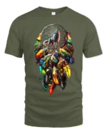 Colorful Feather Wolf T-Shirt Tribal Dreamcatcher Animal Spirit Design Tee - military green t-shirt on white background
