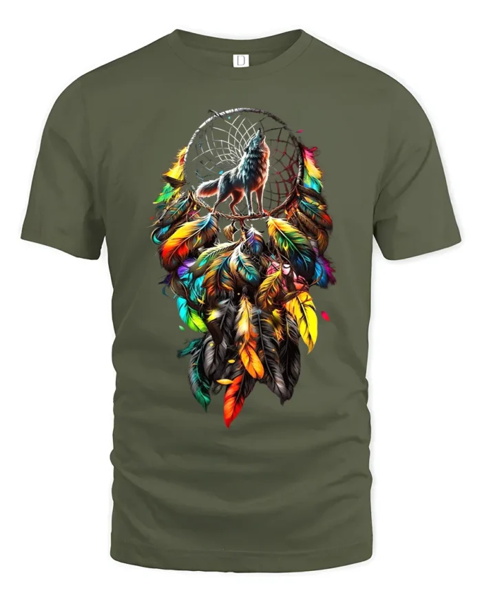 Colorful Feather Wolf T-Shirt Tribal Dreamcatcher Animal Spirit Design Tee - military green t-shirt on white background